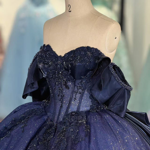 Jancember 6905高級ネイビーブルーオフショルダーQuinceaneraドレスキラキラチュールボールガウン - Product Image 5