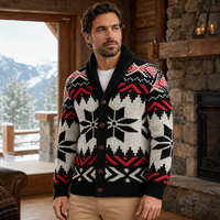 Suéter Cárdigan para Hombre con Cuello Chal, Diseño Nórdico Jacquard con Patrón Geométrico, Poliéster, Cierre de Botones, Tejido de Invierno, Venta al Por Mayor OEM