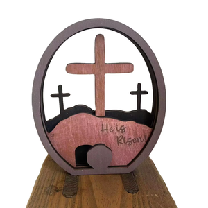 Ornement de table chrétien moderne en bois découpé au laser pour Pâques, croix ovale, <span class=keywords><strong>Il</strong></span> est ressuscité, Jésus, la Résurrection, 4,9x5,9 pouces - Product Image 1