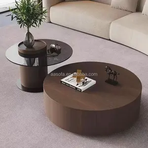 Conjunto de mesa de centro de madeira maciça para sala de estar, mesa de centro de vidro, 2 peças
