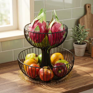 Cesta de Frutas de Alambre de Dos Niveles, Redonda, con Base, Diseño Moderno, Contenedor de Alimentos Resistente para Sala de Estar - Product Image 5