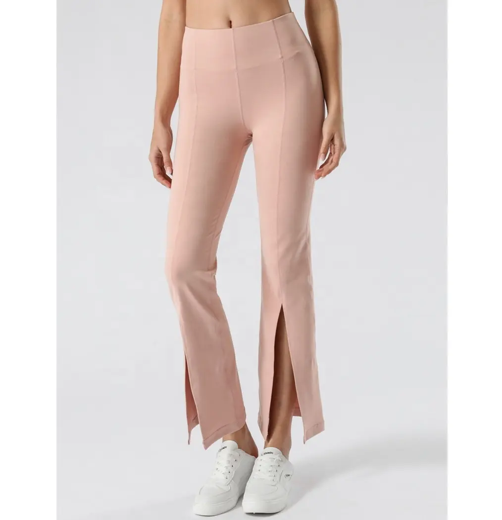 Op Maat Gemaakte Lange Vrouwen Hoge Taille Bell-Bottomed Broek Flare Yogabroek Buikcontrole Uitlopende Legging Effen Kleur Met Split Aan De Voorkant