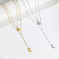 Collier à plusieurs rangs en perles européennes et américaines à la mode, motif lune, chaîne fine en acier inoxydable pour femmes