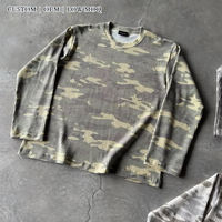 T-shirt à manches longues en maille gaufrée camouflage personnalisé OEM, style streetwear, thermique, en coton délavé vintage, coupe oversize, faible MOQ