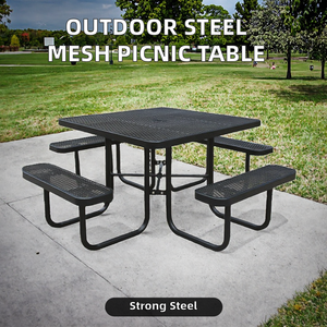 Table de pique-nique moderne en métal grillagé pour extérieur, style ferme, avec bancs amovibles, pour aire de jeux, patio, en acier, avec trou pour parasol - Product Image 2