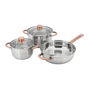 不锈钢5pcs套装厨房炊具砂锅和镀铜手柄煎锅