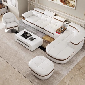 Set Divano Angolare Moderno Minimalista in Pelle Microfibra con Tavolino Laterale, Porta USB, Altoparlante Bluetooth e Vano Portaoggetti per <span class=keywords><strong>Soggiorno</strong></span> - Product Image 2