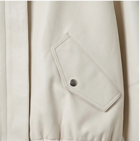 Blouson Bomber en Peau de Mouton Crème pour Femme, Col Baseball, Fermeture à Boutons Dissimulés, Ourlet à Cordon de Serrage, Coupe Ample Courte, Manteau Décontracté en Cuir pour le Quotidien