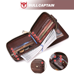 BULLCAPTAIN Genuine Leather Men's <b>Wallet</b> with Zipper Vintage <b>RFID</b> <b>Blocking</b> Large Capacity Credit Card Slots Zipper Coin Pocket - Product Image 4