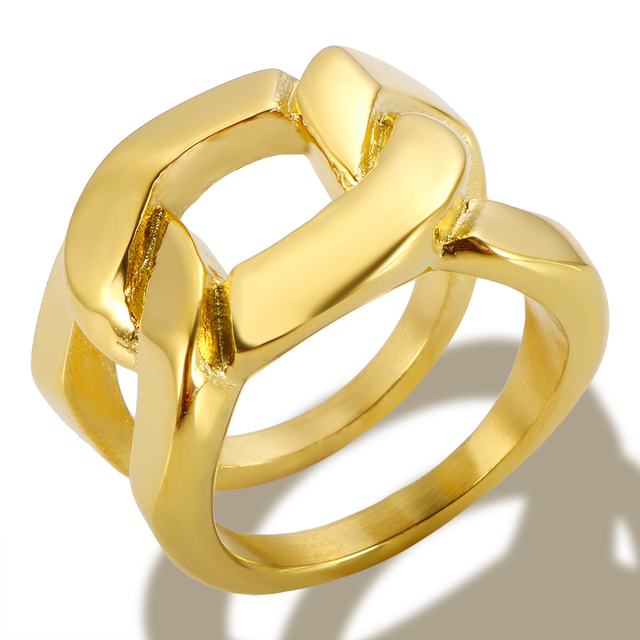 Fashion Gold Plated Cross Knotted Thick Double Link Cuban Chain Chunky Statement Ring for Women Men Waterproof Jewelry