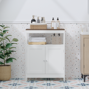 Armoire de rangement moderne à double porte, étagère réglable, dessus en bois naturel, armoire de salle de bain - Product Image 4