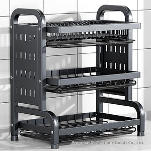 رف معدني متعدد الوظائف ذو طبقتين للمطبخ لتصريف الأطباق وتخزين أدوات المائدة مع حامل للسكاكين ولوح تقطيع - Product Image 5