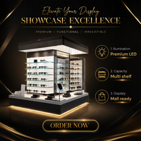 Moderner Brillen-Präsentationsstand mit LED-beleuchteter Glasvitrine und individuellem Logo für Optikgeschäfte