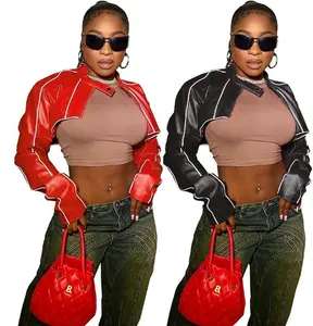 Custom women ladies cool fashion real faux PU leather red black short crop biker jacket online autunno 2023 giacca da donna per donna