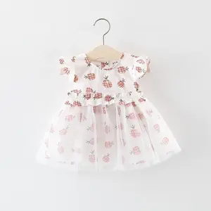뜨거운 판매 아이 의류 여름 파인애플 패턴 그물 원사 바느질 드레스 아기 소녀 유아 공주 드레스