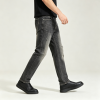 Jean gris délavé pour homme, pantalon en denim foncé, coupe slim, déchiré, fuselé, cinq poches, fabricant OEM personnalisé