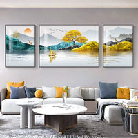 Peinture murale moderne, triptyque décoratif pour salon, peinture de luxe légère en porcelaine cristalline et alliage d'aluminium noir/or, paysage