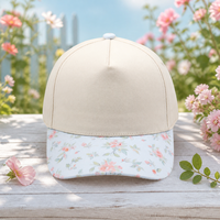 Gorra de Béisbol Snapback Personalizada con Estampado Floral, Visera Plana, Color Azul Claro Crema, Ajustable, Unisex, Estilo Urbano de Verano