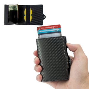 New Arrival Automatic Smart RFID Sliding <b>Wallet</b> Card <b>Holder</b> Carbon Fiber Aluminium Minimalist Credit Card <b>Holder</b> With PU Leather - Product Image 1