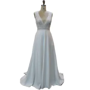 Simple Low back style soft satin A line Deep neck sleeveless button decor bridal dress for women