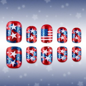 Faux ongles carrés prédécoupés à pression, style européen, <span class=keywords><strong>rouge</strong></span> et bleu, à paillettes, motif étoiles et rayures, pour la Fête de l'Indépendance, 24 pièces par paquet - Product Image 2
