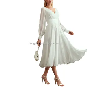 Long Sleeve A Line Chiffon Wedding Dress Lady V Neck Backless Midi Civil Wedding Dress Zipper Up Chiffon Dresses For Women