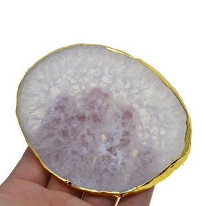 Home Tabletop Drink Natural Clear White Rose Quartz Small Large Size Crystal Stone Geode <strong>Agate</strong> Slice <strong>Coaster</strong> with Gold Trim - Product Image 5