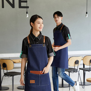 <b>Denim</b> Cross-Strap <b>Apron</b> Blue And Black Polyester Restaurant Bar Uniform Waterproof Antifouling With Pockets - Product Image 4