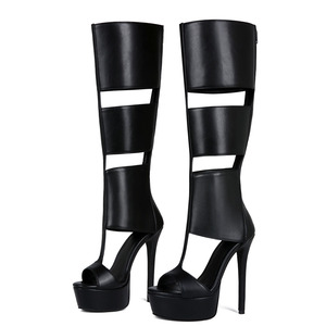 Summer Peep Toe Knee High Boots Women's Back Zipper Sandals Big Size 47 <b>Shoes</b> High Slim Heels Cut Out Long Booties - Product Image 2