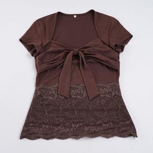 Brown <b>Tie</b> Lace Women's Breathable Summer Knitted Eco-Friendly Short Sleeve T-Shirt V Neck Lace Trim Casual Commute Top - Product Image 6