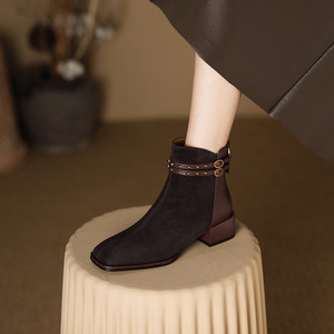 <span class=keywords><strong>Bottines</strong></span> à plateforme noires en cuir pour femme, style vintage, à double ceinture, bout carré et talon épais, collection Printemps - Product Image 3