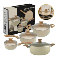 Ensemble de casseroles en aluminium antiadhésif moderne de 8 pièces, revêtement céramique, couvercles en verre, poignées en bois, compatible induction, passe au lave-vaisselle