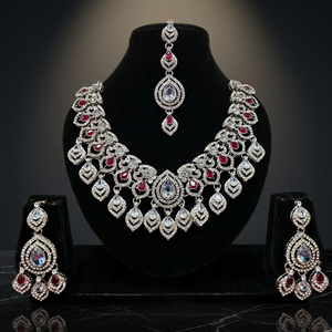 Indian Wedding Bridal Silver Plated CZ Choker Necklace <b>Set</b> Emerald Green White Cubic Zirconia Heavy Choker Earrings Mang Tika - Product Image 3