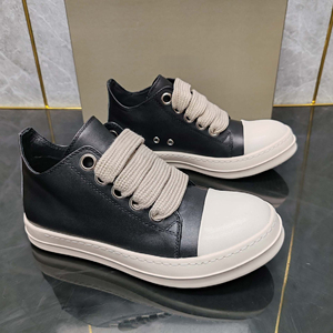 Men's Shoes Genuine <b>Leather</b> Jumbolace Thin Shoelaces Women's Low <b>Sneakers</b> Fashion Black Solid Lace-up Men's Casual Shoes - Product Image 2