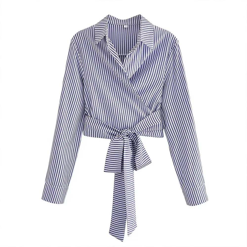 PB&ZA Women 2023 spring New Fashion Lacing stripes crossed Blouses Vintage Long Sleeve Female Shirts Chic Tops