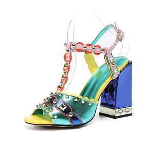 2024 nuovo Design in vera pelle Multicolor Block tacchi alti sandali Peep Toe <span class=keywords><strong>scarpe</strong></span> estive da donna <span class=keywords><strong>con</strong></span> <span class=keywords><strong>borchie</strong></span> decorative - Product Image 1