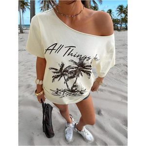 FOXA Camiseta con hombros descubiertos para mujer, cuello asimétrico, manga corta, algodón, estampado de letras, top de vacaciones - Product Image 5