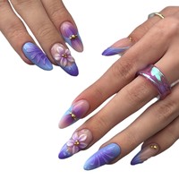 Faux ongles à presser portables, best-seller e-commerce transfrontalier Europe États-Unis, violet éthéré ombré, accents floraux 3D et perles dorées