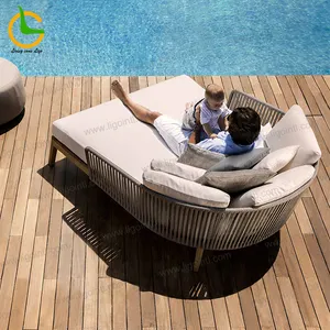 躺椅供应商设计现代柚木户外家具木质酒店泳池外绳编织躺椅家具套装