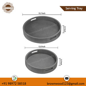 Elegantes Bandejas Redondas de Madera de Mango Hechas a Mano, Estilo Occidental, Color Gris, con Asas, Juego de 2 para Servir Comida y Decoración - Product Image 4