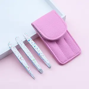 Professional Stainless Steel Eyebrow Tweezers Slanted Tips Silicon Grip Black Glittering Color Eyebrows Plucking Tool Eyelash