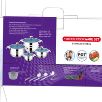 Ensemble de 100 Pièces de Batteries de Cuisine Haut de Gamme en Acier Inoxydable Antiadhésives pour Induction avec Couvercles en Verre