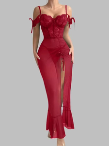 Robe de nuit élégante pour femme, style estival, sexy, en dentelle patchwork, épaules dénudées, en maille transparente, couleur unie - Product Image 3