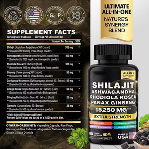 Cápsulas de Shilajit OEM Alta Pureza <span class=keywords><strong>Ginseng</strong></span> Indiano Piperina Refrescante Aumentador de Energia 60 Cápsulas Extrato de Shilajit e Ashwagandha - Product Image 5
