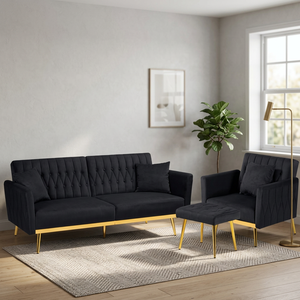 Modern Tufted Velvet <b>Sofa</b> Set Black with Gold Legs 2 Seater <b>Wood</b> <b>Frame</b> Recliner Square Shape Living Room Furniture Futon - Product Image 4