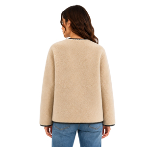 เสื้อแจ็คเ<span class=keywords><strong>ก</strong></span>็ตขนแกะเทียมสำหรับผู้หญิง แบบไม่มีปก ทรงบ็อ<span class=keywords><strong>ก</strong></span>ซี่ แต่งขอบสีดำ แขนยาว อุ่นสำหรับฤดูหนาว ขายส่ง - Product Image 3