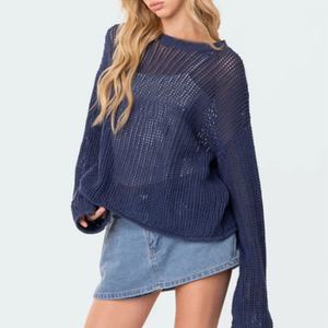 Suéter de punto personalizado de alta calidad, tejido a máquina, estilo malla, oversize, con puntadas abiertas, para mujer - Product Image 1