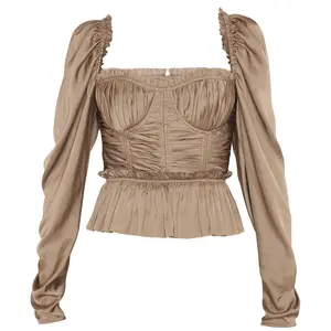 À la mode dames personnalisé printemps automne manches longues Blouse Satin Bustier volants Invisible dos fermeture éclair haut pour les femmes