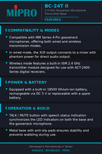 ไมโครโฟนไร้สาย MIPRO แบบคอห่าน 2.4GHz ป้องกันสัญญาณรบกวน พร้อมฐานไมค์แบบไร้สาย ความหน่วงต่ำ สำหรับไมโครโฟนตั้งโต๊ะ ISM Band - Product Image 5