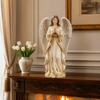 Statue d'ange de jardin, sculpture artistique en polyrésine moulée à la main pour décoration religieuse intérieure et extérieure avec finition pierre antique